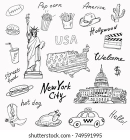 Set of America symbols in black and white..Travel icons.Hand drawn set with The Statue of Liberty,potatoes fries,flag,popcorn,hot dog,taxi,cola. Words:America,USA,New york city,welcome,street food,Hol