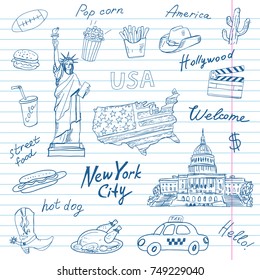 Set of America symbols on the notebook sheet.Hand drawn set with The Statue of Liberty.Painted with blue pen. Words:America,USA,New york city,welcome,street food,Hollywood