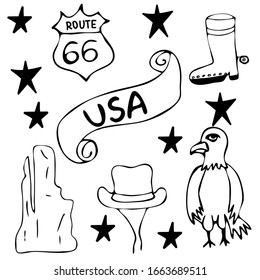 Set of America symbols,landmarks.Travel icons. Hand drawn doodle USA set Vector illustration 