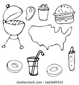 Set of America symbols,landmarks.Travel icons. Hand drawn doodle USA set Vector illustration 