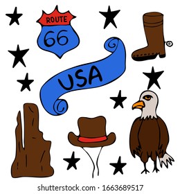 Set of America symbols,landmarks.Travel icons. Hand drawn doodle USA set Vector illustration 