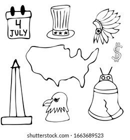 Set of America symbols,landmarks.Travel icons. Hand drawn doodle USA set Vector illustration 