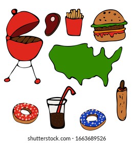 Set of America symbols,landmarks.Travel icons. Hand drawn doodle USA set Vector illustration 