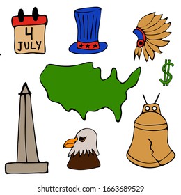 Set of America symbols,landmarks.Travel icons. Hand drawn doodle USA set Vector illustration 