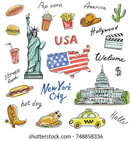 Set of America symbols,landmarks.Travel icons.Hand drawn set with The Statue of Liberty,potatoes fries,flag,popcorn,hot dog,taxi,cola. Words:America,USA,New york city,welcome,street food,Hollywood