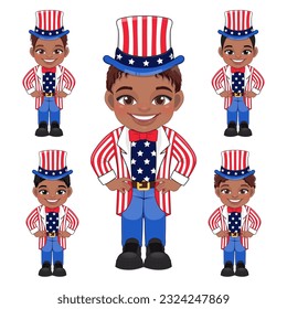 Set of American African Boys Portrait Celebrating 4th Of July Independence Day with Costume, Wearing Uncle Sam Hat, Flat icon Style Vector