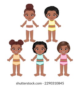 Set of American African girls body front side template. Black girls in women s tank top and panties isolated on white background vector