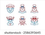 Set of American bison, bald egale, tailed deer, bobcat, red fox with wearing uncle Sam hat on white background