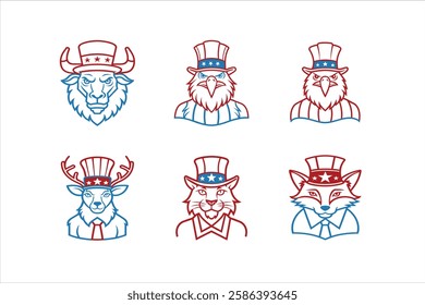 Set of American bison, bald egale, tailed deer, bobcat, red fox with wearing uncle Sam hat on white background