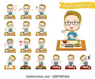 A set of American blond hair man in sportswear about meals.It's vector art so easy to edit.