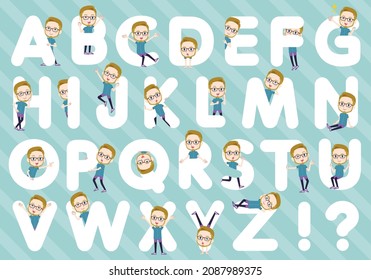 A set of American blond hair man in sportswear designed with alphabet.It's vector art so easy to edit.