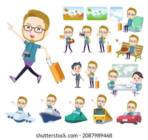 A set of American blond hair man in sportswear on travel.It's vector art so easy to edit.