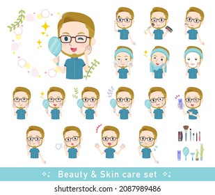 A set of American blond hair man in sportswear on beauty.There are various actions such as skin care and makeup.It's vector art so easy to edit.