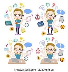 A set of American blond hair man in sportswear who perform multitasking in the office.It's vector art so easy to edit.