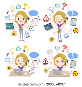 A set of American blond hair women in sportswear who perform multitasking in the office.It's vector art so easy to edit.