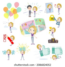 A set of American blond hair women in sportswear on success and positive.It's vector art so easy to edit.
