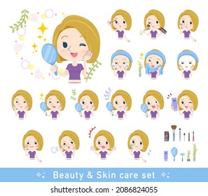 A set of American blond hair women in sportswear on beauty.There are various actions such as skin care and makeup.It's vector art so easy to edit.