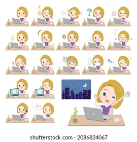 A set of American blond hair women in sportswear on desk work.It's vector art so easy to edit.