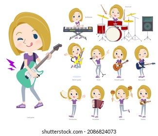 A set of American blond hair women in sportswear playing rock 'n' roll and pop music.It's vector art so easy to edit.