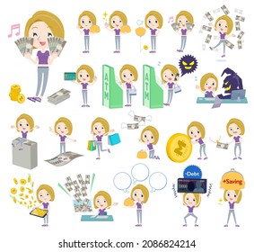 A set of American blond hair women in sportswear with concerning money and economy.It's vector art so easy to edit.