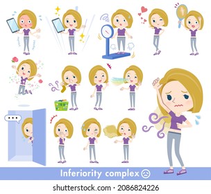 A set of American blond hair women in sportswear on inferiority complex.It's vector art so easy to edit.