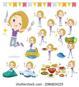 A set of American blond hair women in sportswear on food events.It's vector art so easy to edit.