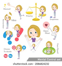 A set of American blond hair women in sportswear with mental control.It's vector art so easy to edit.