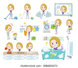 A set of American blond hair women in sportswear related to housekeeping such as cleaning and laundry.It's vector art so easy to edit.
