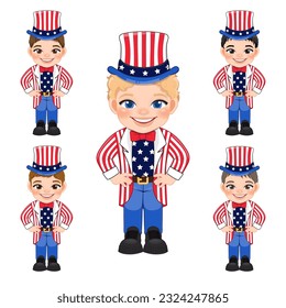 Set of American Boys Portrait Celebrating 4th Of July Independence Day with Costume, Wearing Uncle Sam Hat, Flat icon Style Vector