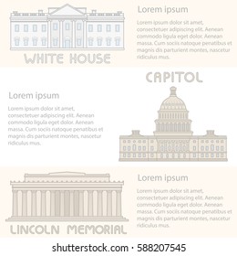 Set american building line flat cartoon. Washington  background