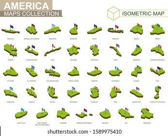 Set of American countries isometric map and flag, 3D vector isometric shape of America.