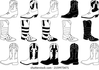 Set of american cowboy boots, silhouettes collection, vector