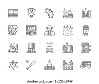 Set of American Culture Line Icons. Bald Eagle, Cowboys, School Bus, Fast Food, Sheriff Star Badge, Casino, Baseball Bat and more.