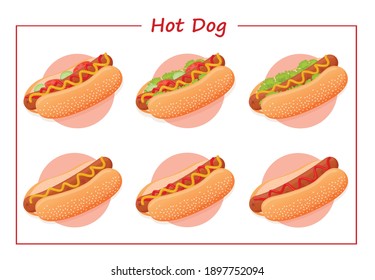 Set of American delicious hot dogs with different ingredients such as sausage, mustard, ketchup, lettuce, tomatoes, cucumbers and sesame seed bun for advertising, web. Vector illustration of fast food