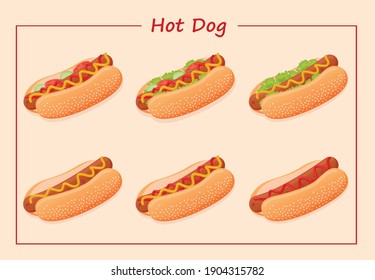 Set of American delicious hot dogs with different ingredients such as sausage, mustard, ketchup, lettuce, tomatoes, cucumbers and sesame seed bun for advertising, web. Vector illustration of fast food