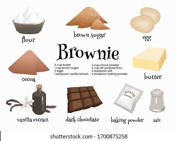 Set Of American Dessert Brownie Ingredients. Eggs, Dark Chocolat, Butter, Cocoa, Vanilla Extract, Brown Sugar, Flour, Baking Powder And Salt For Preparation Of Traditional Sweets. Cartoon Illustration