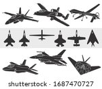 Set of american fighter airplanes: F-18, A-10, F-35, F-16 and F-117 