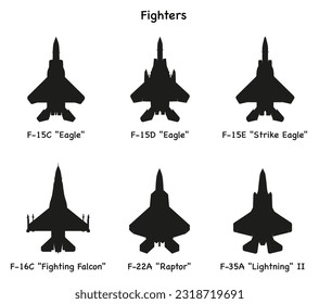 Set of American fighter planes. Dark silhouettes. Vector graphics. ESP 10.
