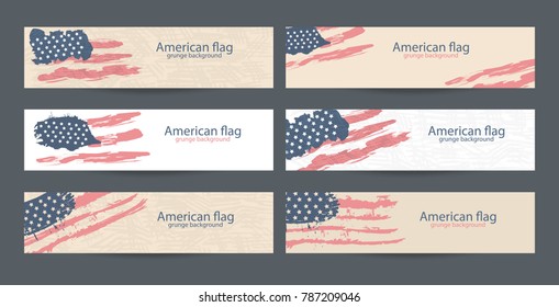 Set American flag, banner design. Collection of USA backgrounds for business, holiday (Independence Day, Labor Day), hand drawing, grunge style, retro. Eps file layers, clipping mask.