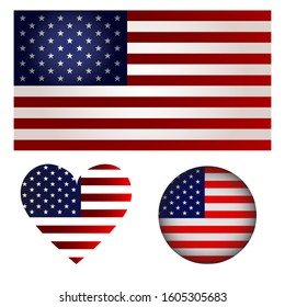 Set American flag, American flag button and American flag heart. isolated on white background