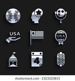 Set American flag, Calendar with date July 4, Hotdog sandwich, Medal star, White House, USA Independence day, Tourist binoculars and Baseball ball icon. Vector