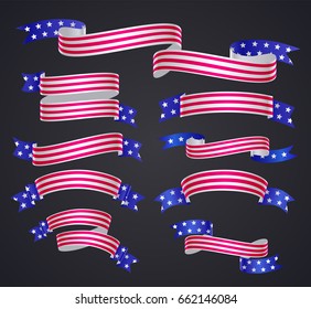 Set of american flag curved ribbon or banner. USA symbol of Independence and memorial Day. 4 July. JPG include isolated path. eps10