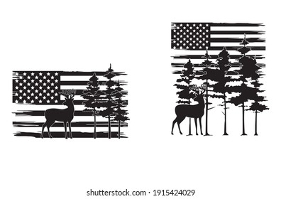 Set of american flag with deer. Collection of hunting deer on forest. Hunting weekend. Set of US grunge flag. Symbol of freedom. Vector illustration on white background. 