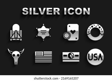Set American flag, Donut, USA label, Stacks paper money cash, Buffalo skull, Casino chip and playing cards, Rocket launch from the spaceport and Hexagram sheriff icon. Vector