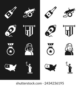 Set American flag, Firework, Champagne bottle, Cannon, Medal with star, Benjamin Franklin, Statue of Liberty and USA map icon. Vector