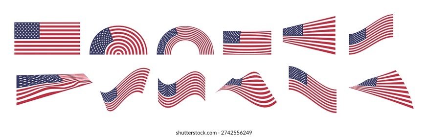 A set of American flag icons in different waving positions, showcasing various angles and movements, with red and white stripes and blue rectangles with white stars, isolated on white background