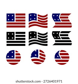 Un conjunto de iconos de la bandera americana en varios estilos y colores para el diseño y los propósitos patrióticos