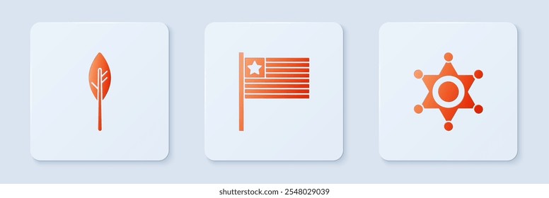 Set American flag, Indian feather and Hexagram sheriff. White square button. Vector