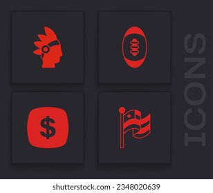 Set American flag, Native Indian, Football ball and Dollar symbol icon. Vector