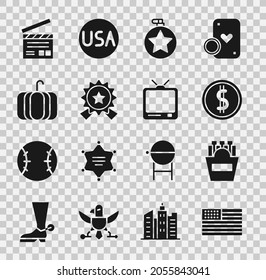 Set American Flag, Potatoes French Fries In Box, Coin Money With Dollar, Canteen Water Bottle, Medal Star, Pumpkin, Movie Clapper And Retro Tv Icon. Vector